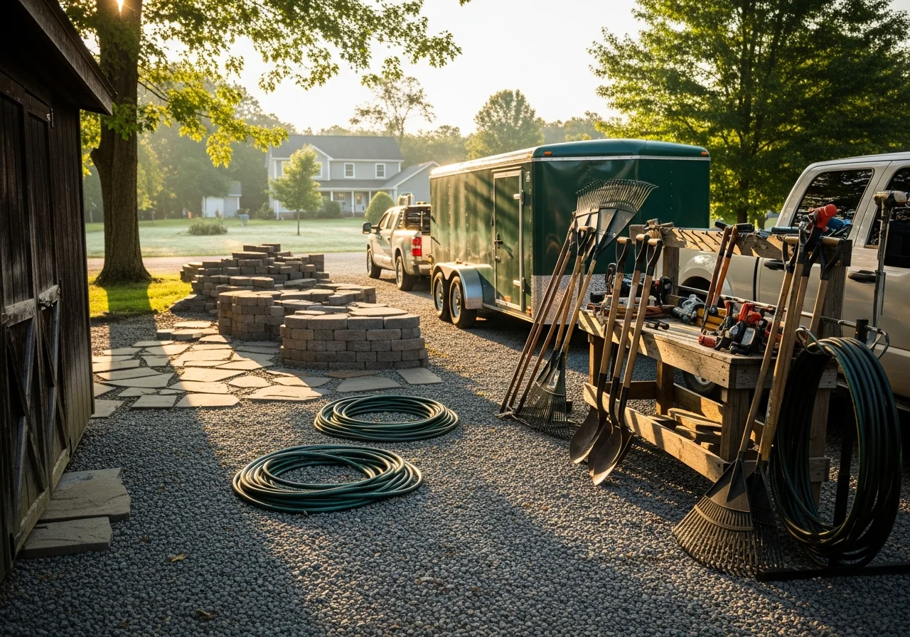 Landscaping crew with equipment and tools ready for residential and commercial property work.