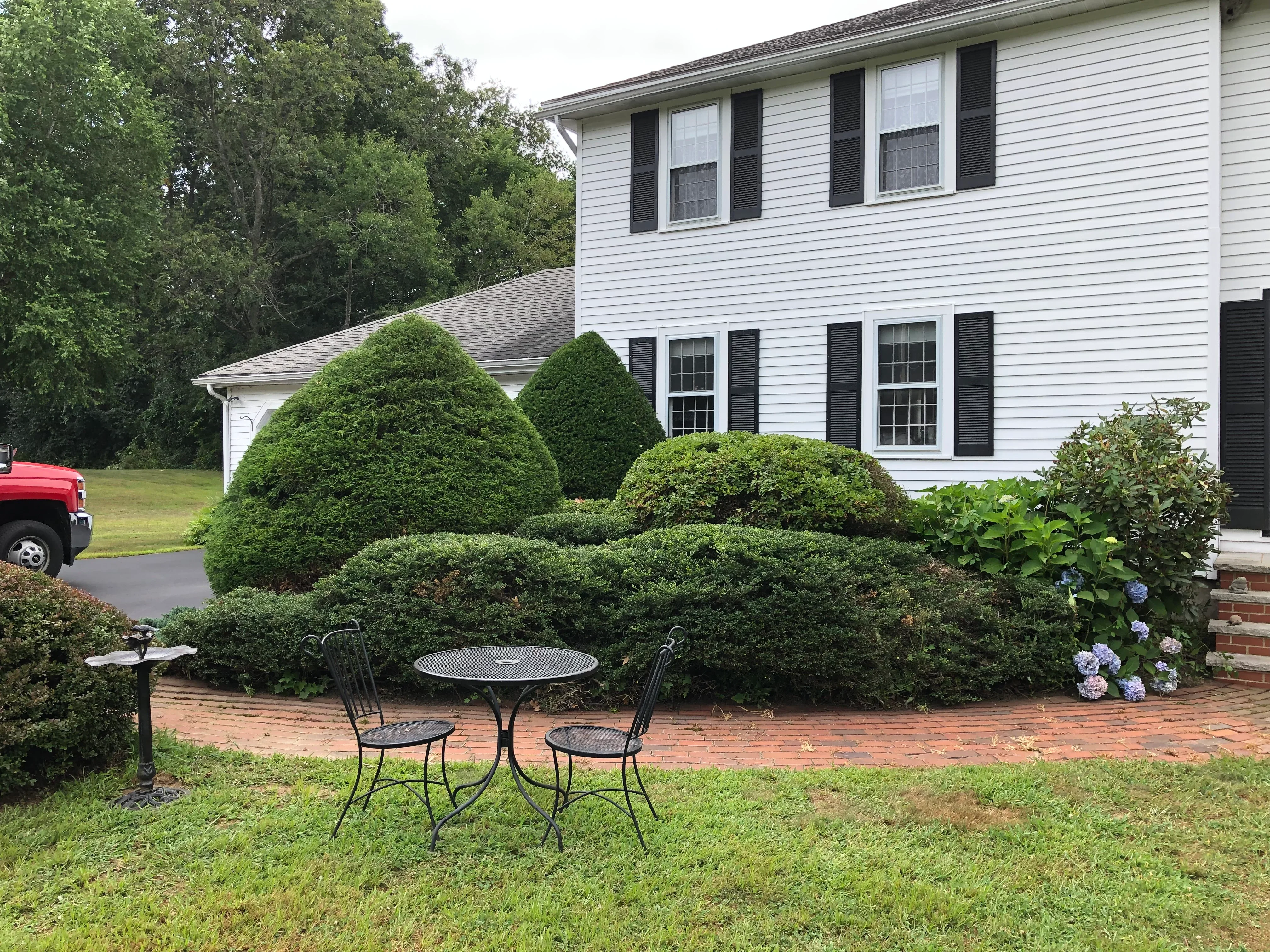Boxwood topiaries, foundation shrubs, brick patio, and hydrangeas in front yard landscape