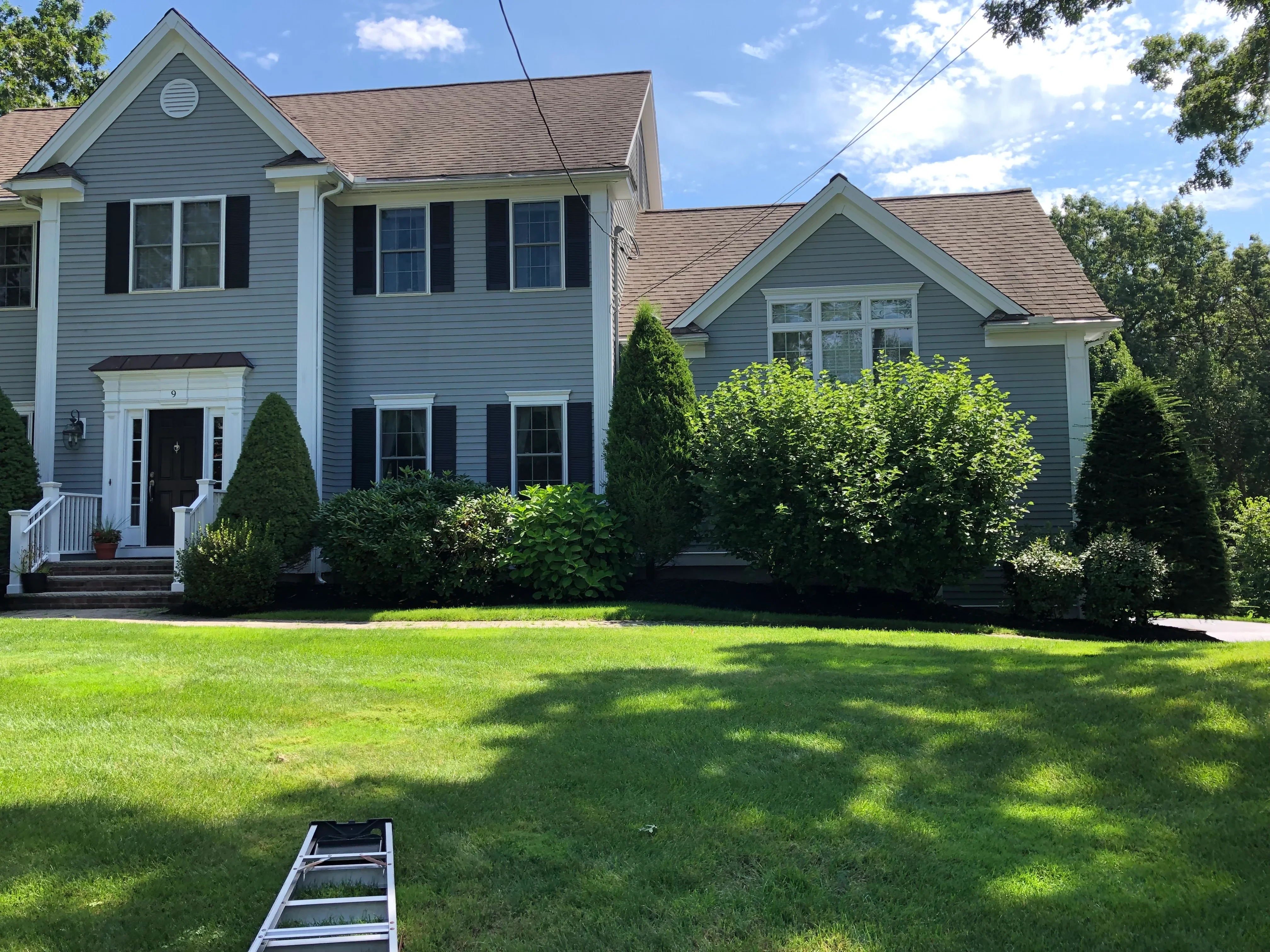 Residential landscape with evergreen shrubs, mixed plantings, and manicured lawn fronting two homes