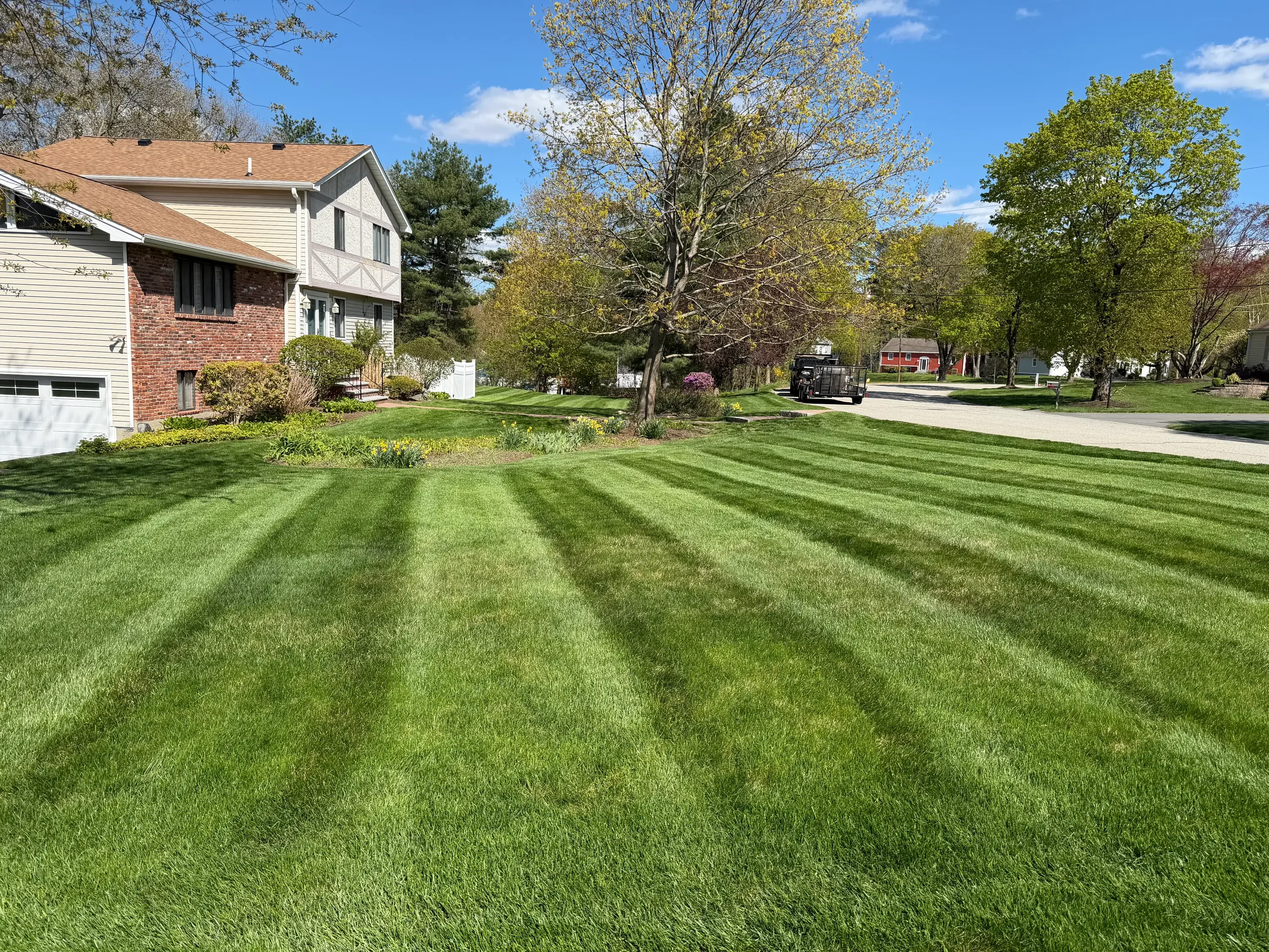 Striped lawn mowing pattern on residential property with brick and vinyl house, mature trees, and foundation plantings