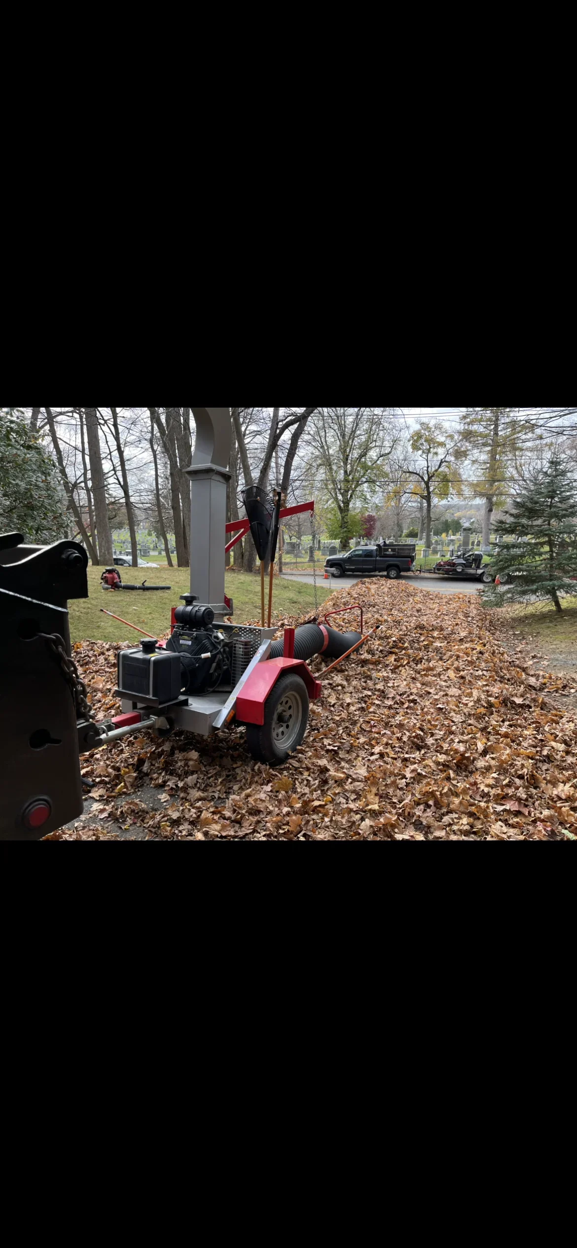 Commercial wood chipper processing leaves into mulch on residential property with mature trees