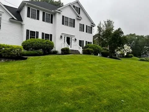 Manicured lawn with foundation shrubs and plantings in front of white colonial home