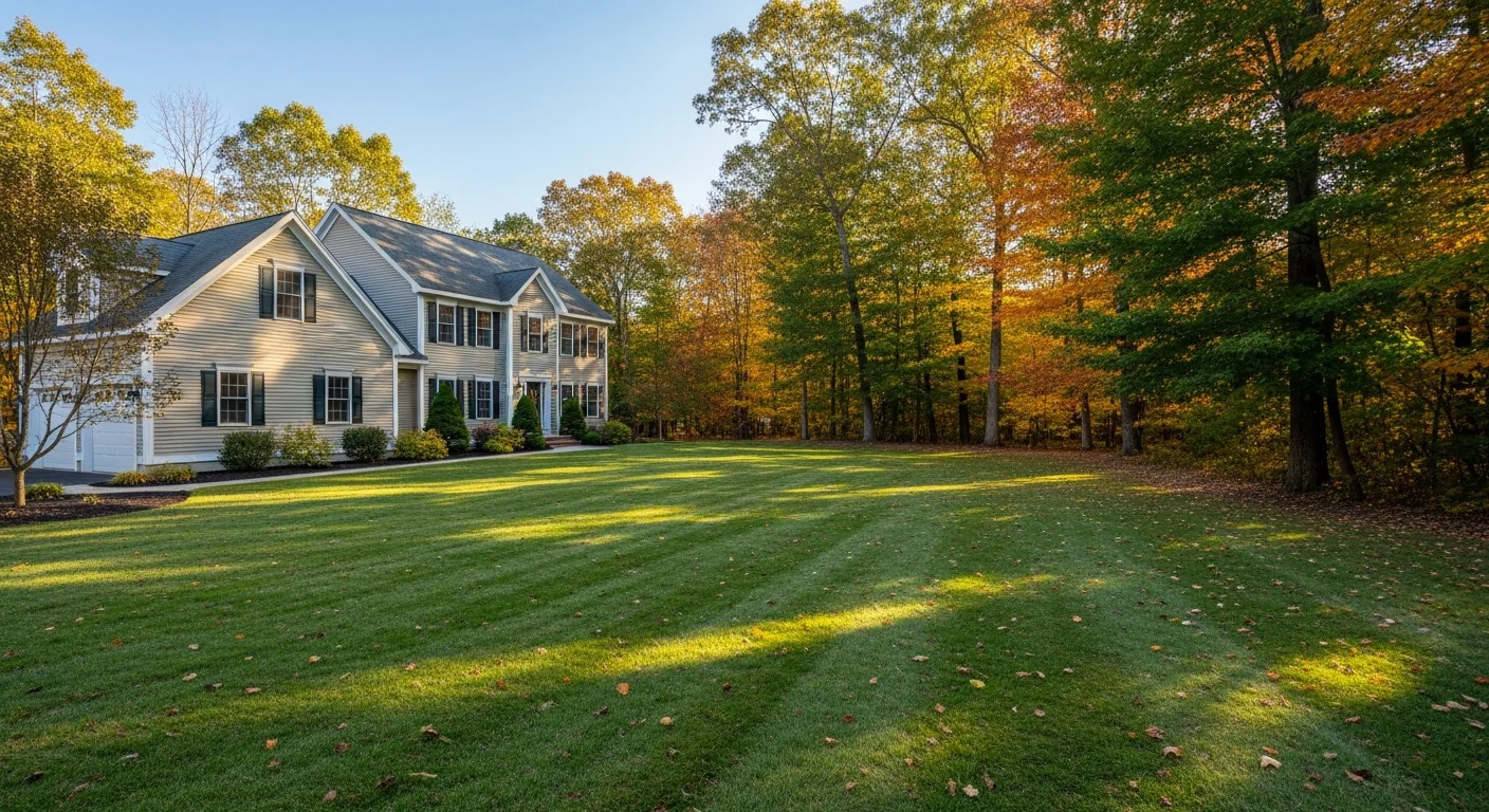 Well-maintained colonial home with mature trees and manicured lawn in Atkinson residential neighborhood.