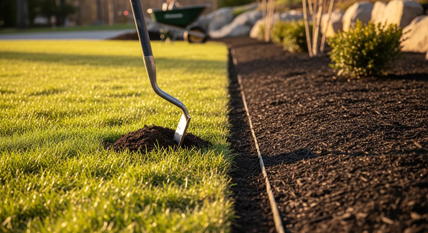 A freshly edged planting bed at a residential property in Atkinson, NH, showing a sharp, clean line cut between dark garden soil and green lawn grass. The defined border runs along the front of the bed with no grass encroachment into the mulched area.