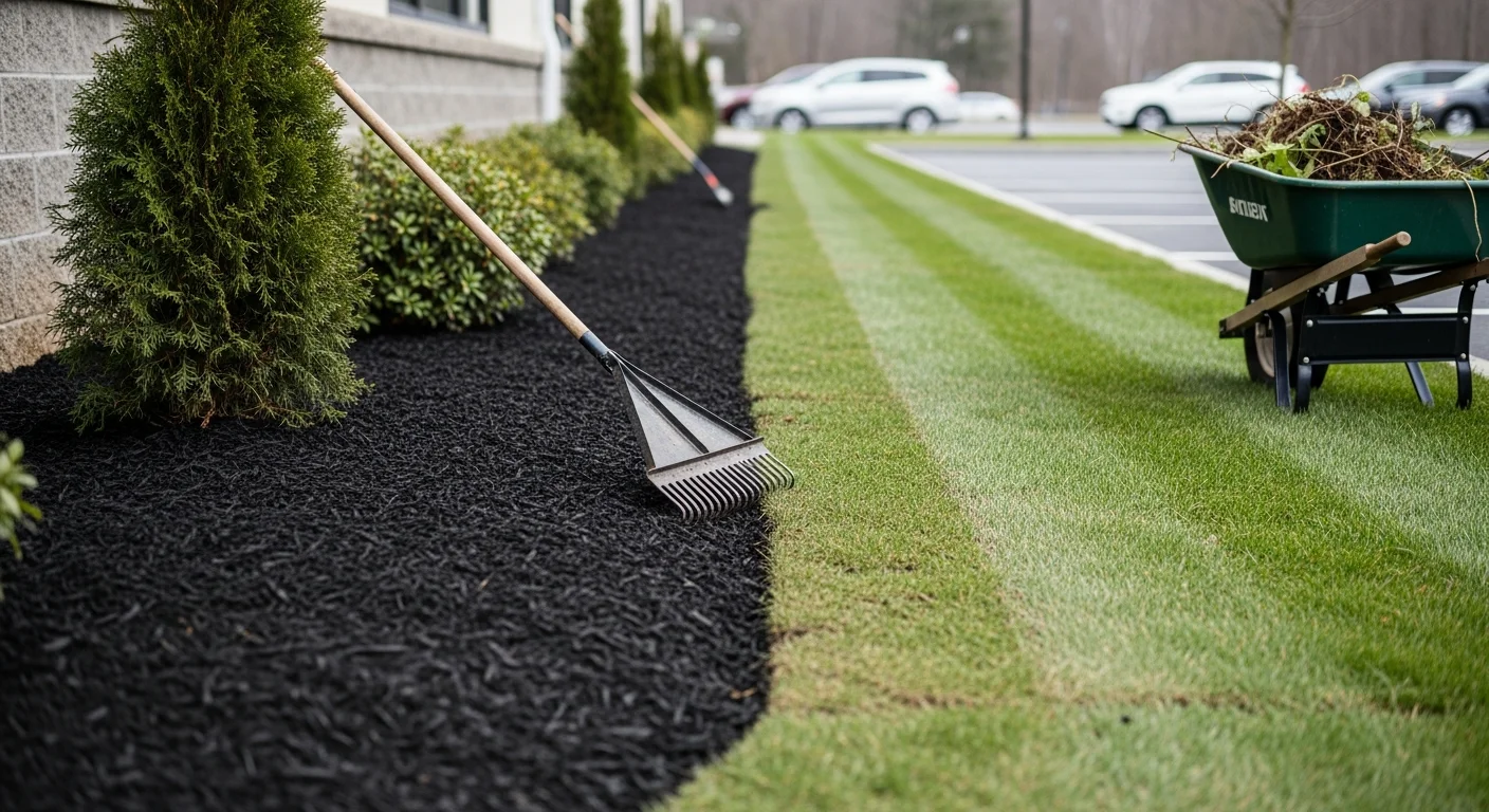 A well-maintained commercial property in Atkinson, NH with neatly edged lawn borders, trimmed shrubs along a building entry, and clean mulched beds. Natural Landscape Concepts crew equipment is visible in the background during a scheduled maintenance visit.