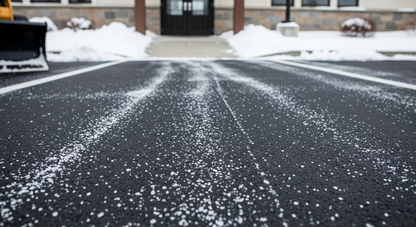 A cleared commercial parking lot in Atkinson, NH after a winter storm, with plowed snow stacked along the perimeter and a dry, treated walkway leading to a business entrance. The surrounding area shows typical southern New Hampshire winter conditions with snow-covered ground and bare trees.