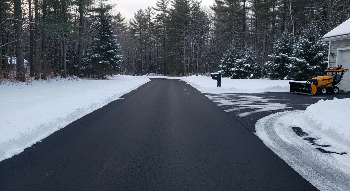 A long residential driveway in Atkinson, NH fully cleared of snow after a winter storm, with clean edges and a passable surface leading to a single-family home on a wooded lot. Snow is piled to the sides of the driveway, and the garage entrance area is free of ice and packed snow.