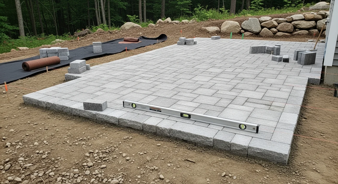 A custom hardscape patio and stone walkway designed for a residential property in Atkinson, NH, with structured layout suited to the sloped New England terrain. Natural Landscape Concepts hardscape design project showing defined outdoor living space with clean lines and durable surface materials.
