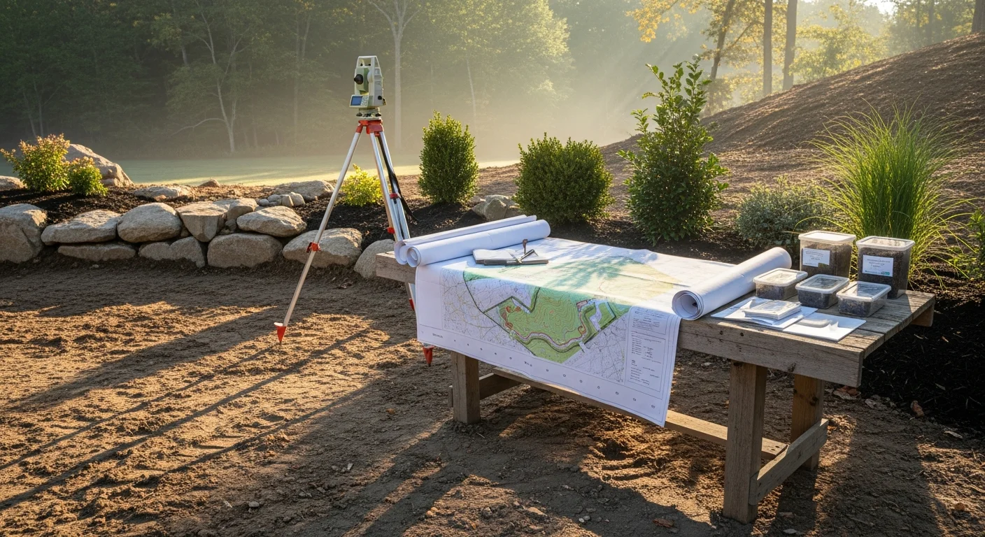 A professionally designed residential landscape in Atkinson, NH featuring layered planting beds, a graded lawn area, and cold-hardy shrubs along a wooded property edge. The design reflects the natural terrain and New England character common to homes in Atkinson.