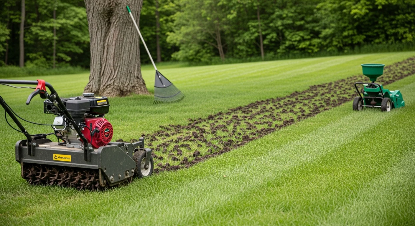 A core aeration machine moving across a residential lawn in Atkinson, NH, leaving rows of small soil plugs on the grass surface. The surrounding turf shows typical New England cool-season grass with areas of compaction near a backyard walking path.