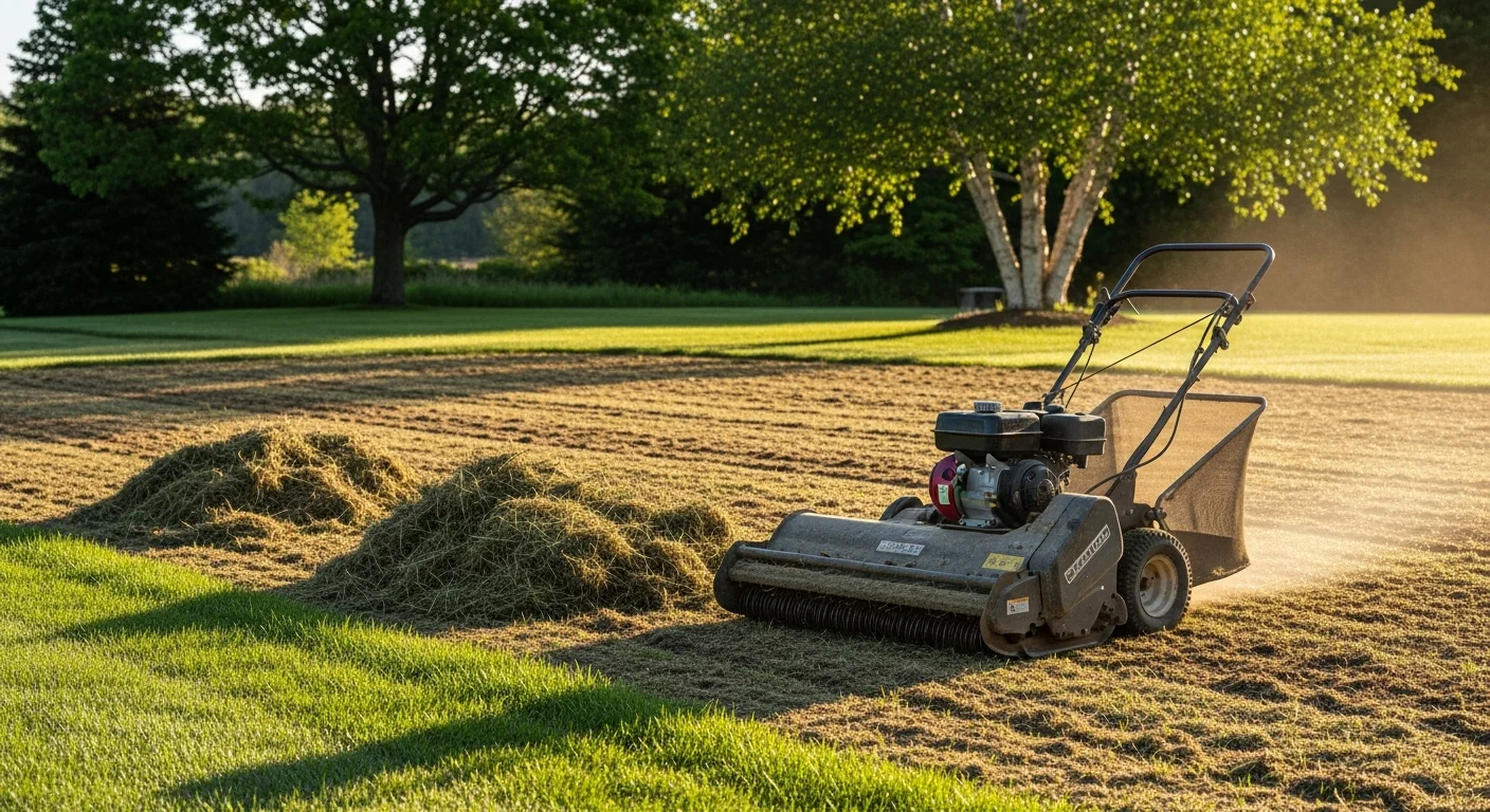 A residential lawn in Atkinson, NH after professional dethatching, showing cleared turf rows and exposed soil ready for overseeding. Power dethatcher equipment sits at the edge of the property with collected thatch debris piled nearby.