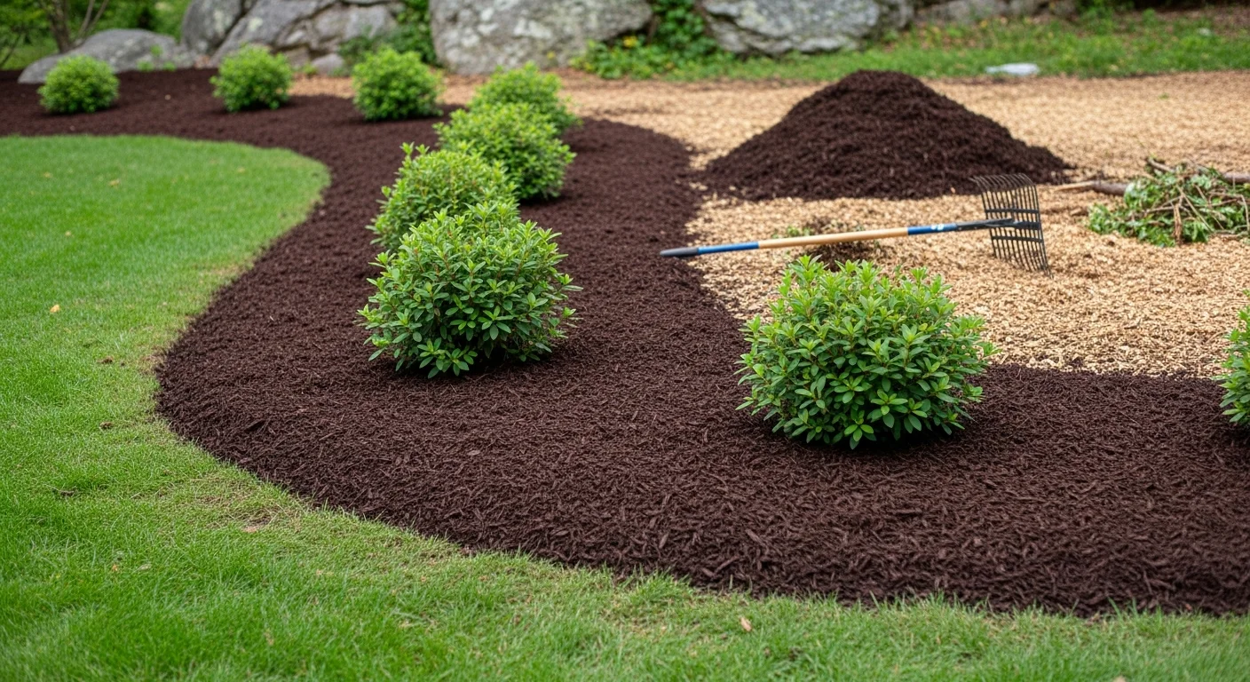 Freshly applied dark mulch covering defined landscape beds around shrubs and perennials at a residential property in Atkinson, NH. Clean bed edges and even mulch depth show a finished, professional installation.