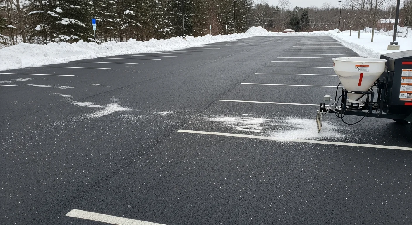 A cleared commercial parking lot in Atkinson, NH after a winter storm, with plowed snow stacked along the lot perimeter and drive lanes fully open. Ice control treatment is visible on the pavement surface near the property entrance.