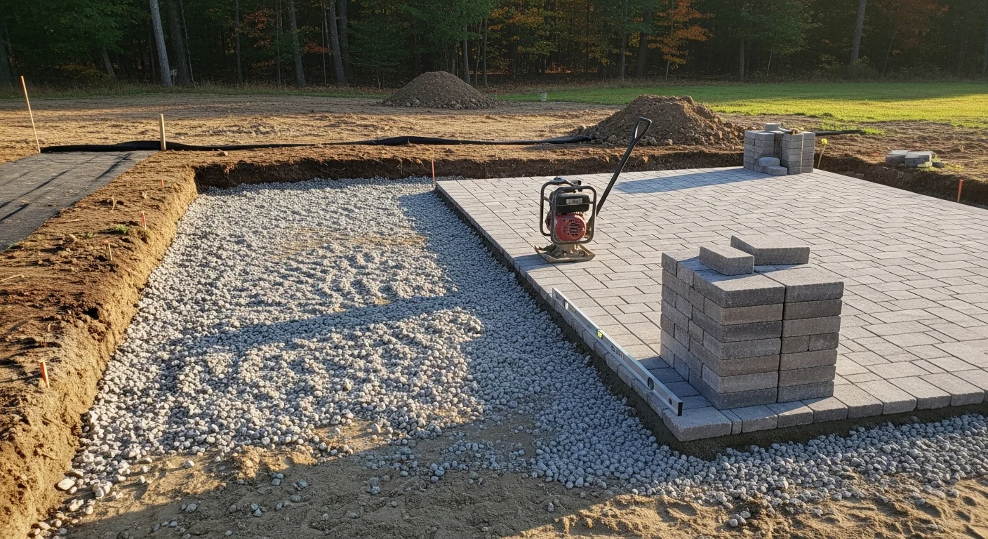 A completed paver patio installed in a residential backyard in Atkinson, NH, with clean edge detailing and a level surface set against a wooded New England property line. The patio includes an open seating area with natural stone tones that complement the surrounding landscape.