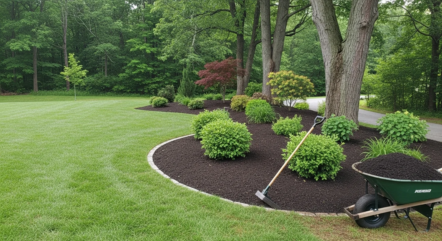 A well-maintained residential lawn in Atkinson, NH with neatly edged turf, trimmed shrubs, and freshly mulched garden beds in front of a New England-style home. A landscape crew from Natural Landscape Concepts works in the background during a seasonal maintenance visit.