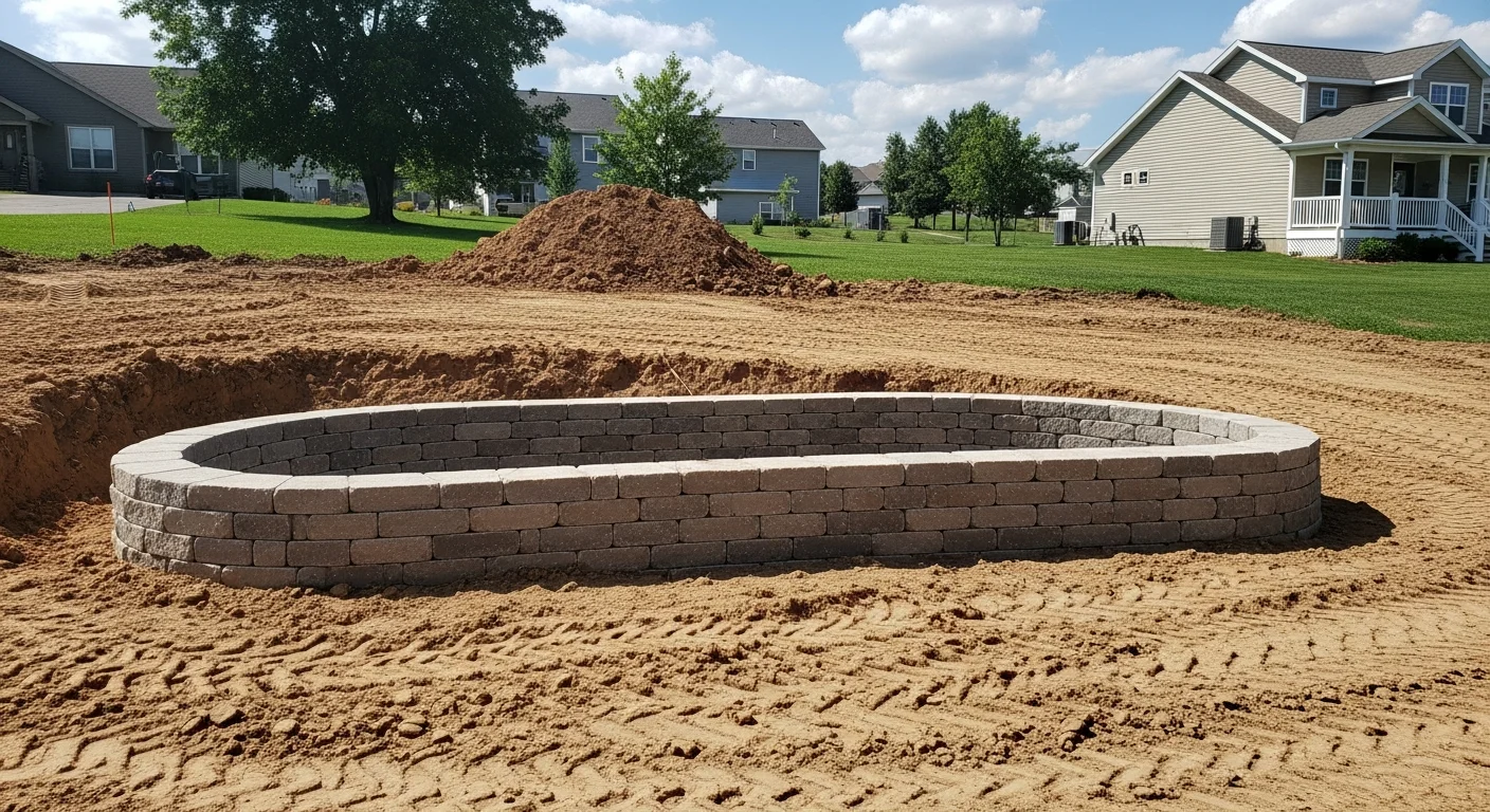 A completed stone retaining wall on a sloped residential property in Atkinson, NH, with leveled ground behind it and a lawn area above. The wall follows the natural grade of the yard and shows clean, tight construction at the base and cap.