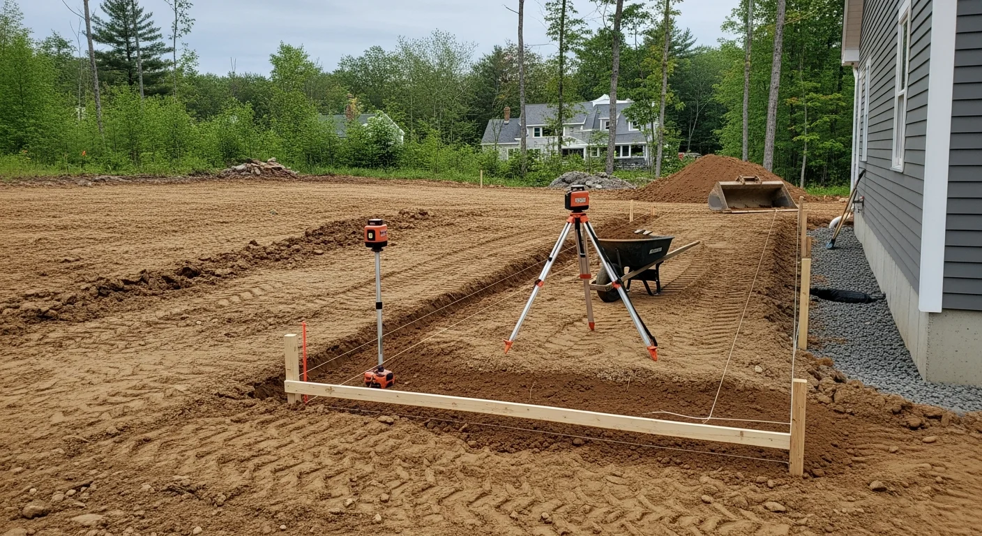 A freshly graded residential yard in Atkinson, NH with smooth, sloped terrain directing surface water away from the home's foundation. A landscape contractor has reshaped the lawn area to eliminate low spots, with clean soil contours visible across the property.
