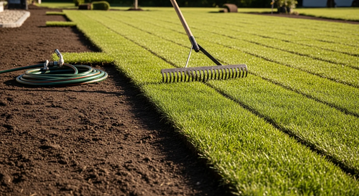 Freshly installed sod covering a graded residential lawn at an Atkinson, NH home, with clean edges along a driveway and a wooded tree line in the background. Natural Landscape Concepts crew completing the final seaming of cool-season turf rolls on a sloped New England property.