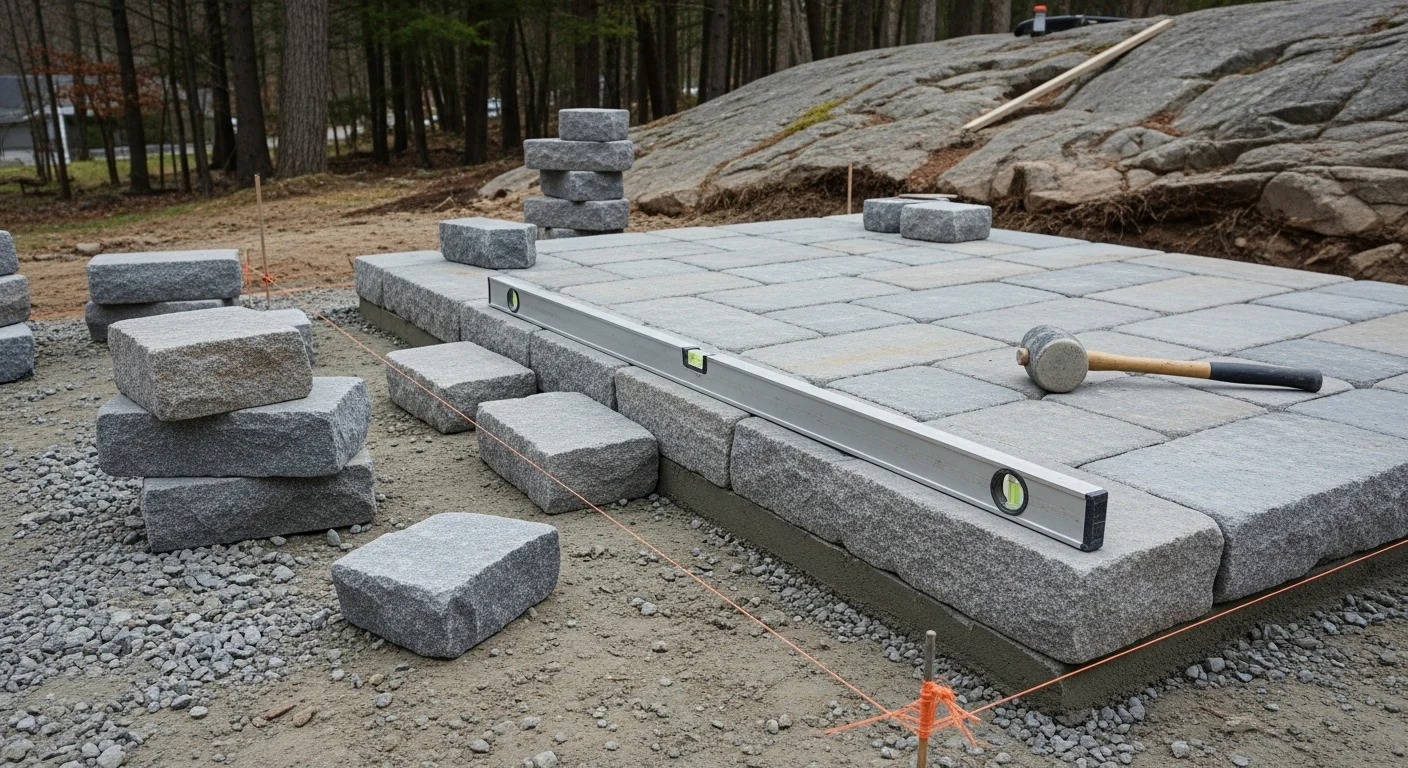 A natural stone retaining wall and patio installed by Natural Landscape Concepts on a sloped residential property in Atkinson, NH. Dry-stacked stone steps lead from the lawn level up to a flat stone patio bordered by a low garden wall.