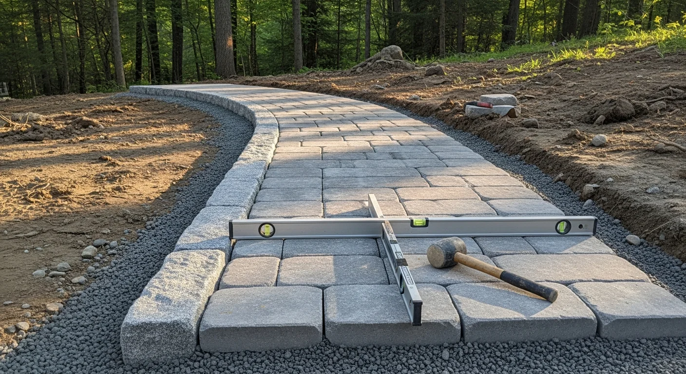 A freshly installed stone walkway leading to the front entry of a residential home in Atkinson, NH, with a compacted base and defined edging visible along a gently sloped yard. The path connects the driveway to the front steps across a landscaped New England property.
