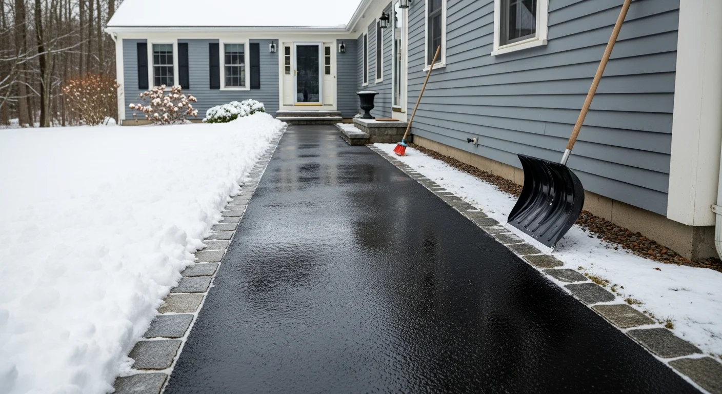 A freshly cleared residential walkway leading to the front entry of a colonial-style home in Atkinson, NH, with snow pushed to the sides and stone steps fully exposed after a winter storm. A crew member from Natural Landscape Concepts works along the path edge to remove remaining packed snow near the threshold.